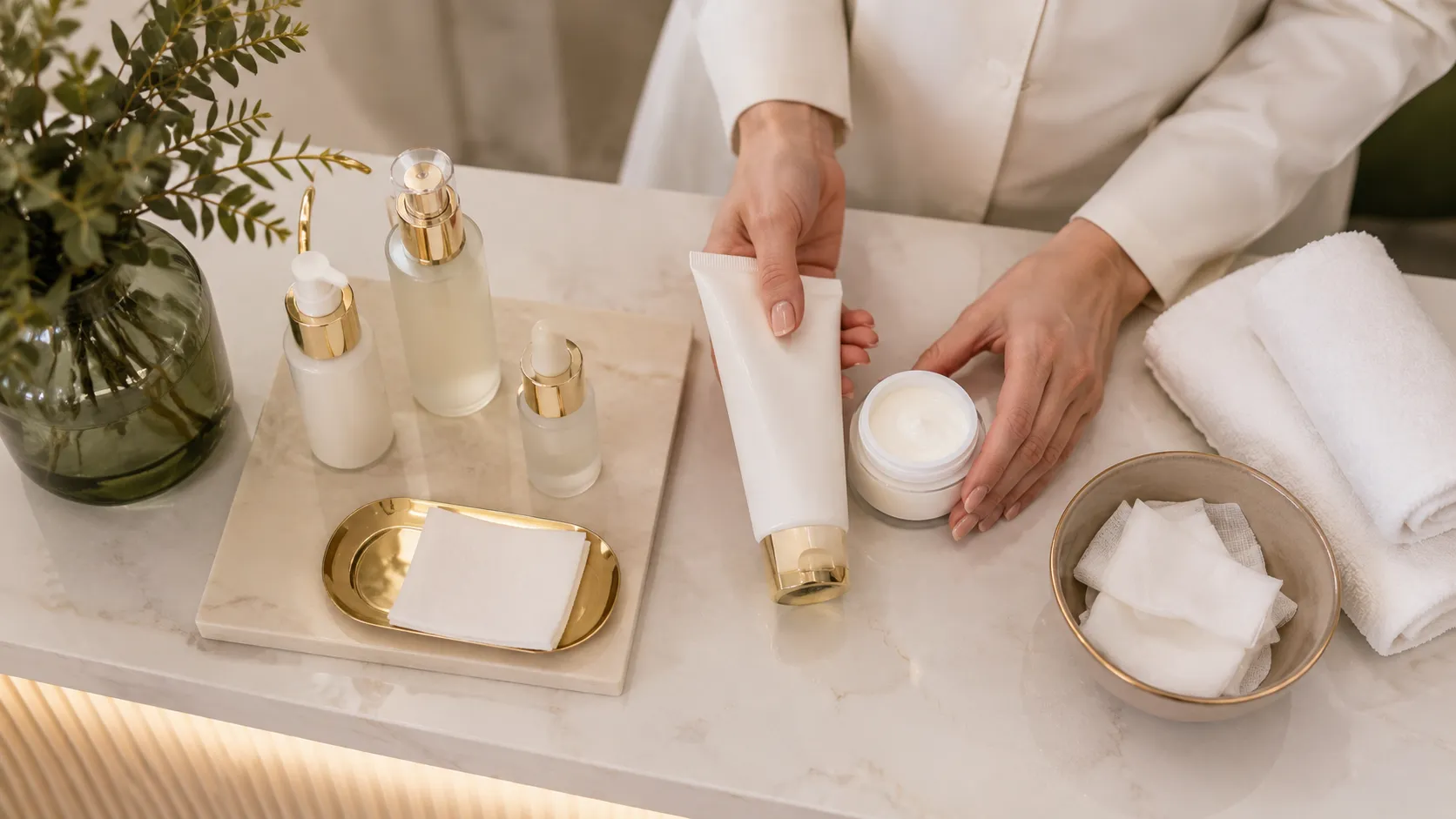 Cuidados pós-dermaplaning Produtos neutros de skincare organizados para cuidados após dermaplaning