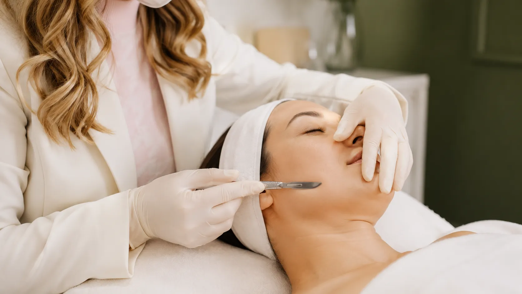 Técnica segura de dermaplaning Profissional realizando dermaplaning com lâmina estéril no rosto de cliente em ambiente estético